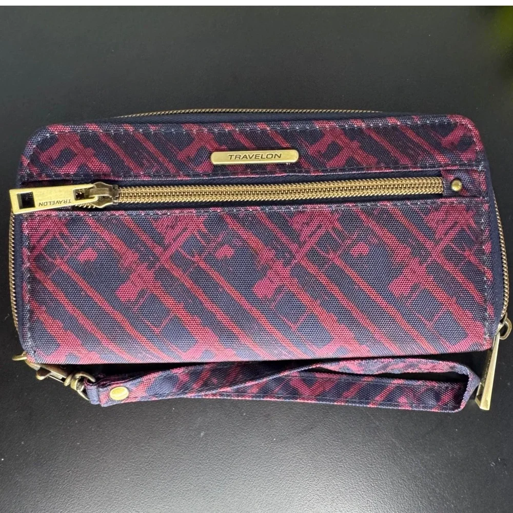 Travelon RFID Red & Blue Lined Wallet Clutch‎ Wristlet Zip Around Travel Purse